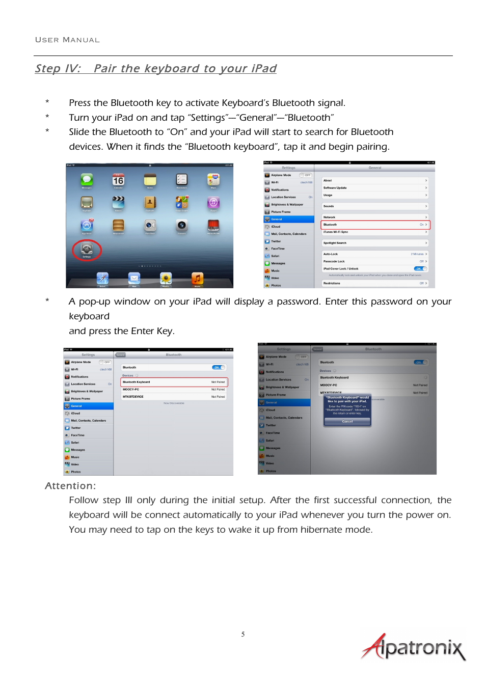 Step iv: pair the keyboard to your ipad | Alpatronix KX101 Bluetooth ABS Chiclet Keyboard Folio Case and Stand for Apple iPad mini (fits all models) - Vegan Leather Smart Case with Wireless Keyboard User Manual | Page 5 / 7