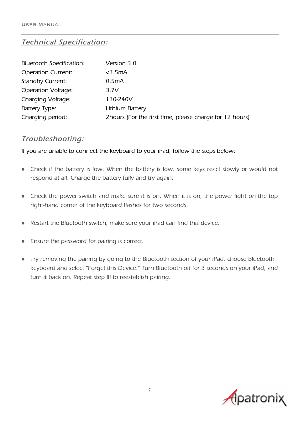 Technical specification, Troubleshooting | Alpatronix KX101 Bluetooth ABS Chiclet Keyboard Folio Case and Stand for Apple iPad mini (fits all models) - Vegan Leather Smart Case with Wireless Keyboard User Manual | Page 7 / 7
