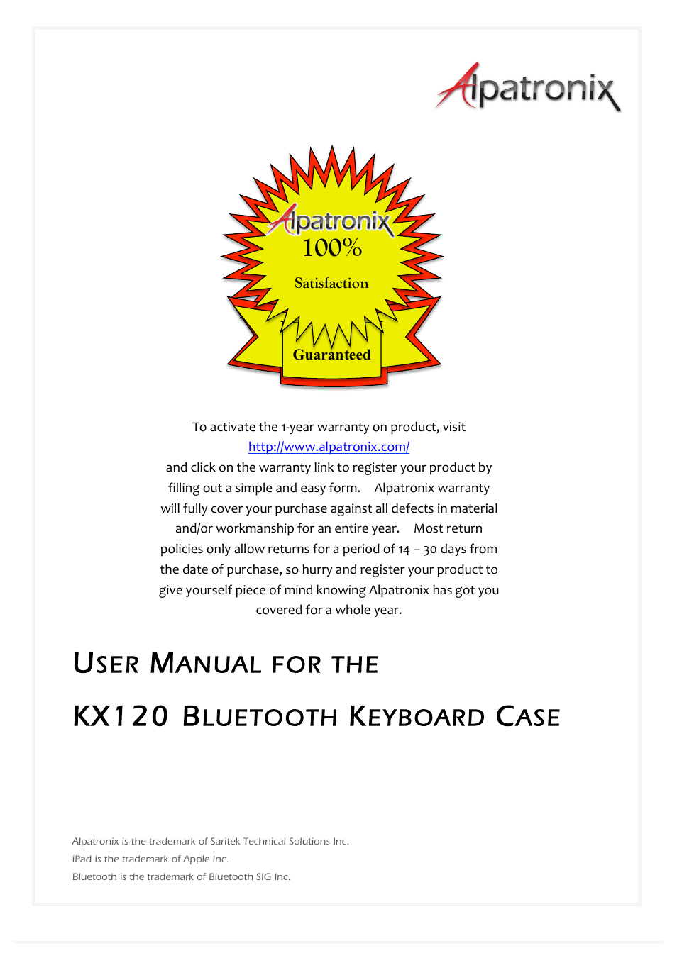 Alpatronix KX120 Bluetooth ABS Chiclet Keyboard Clamshell Folio Case and Stand User Manual | 7 pages
