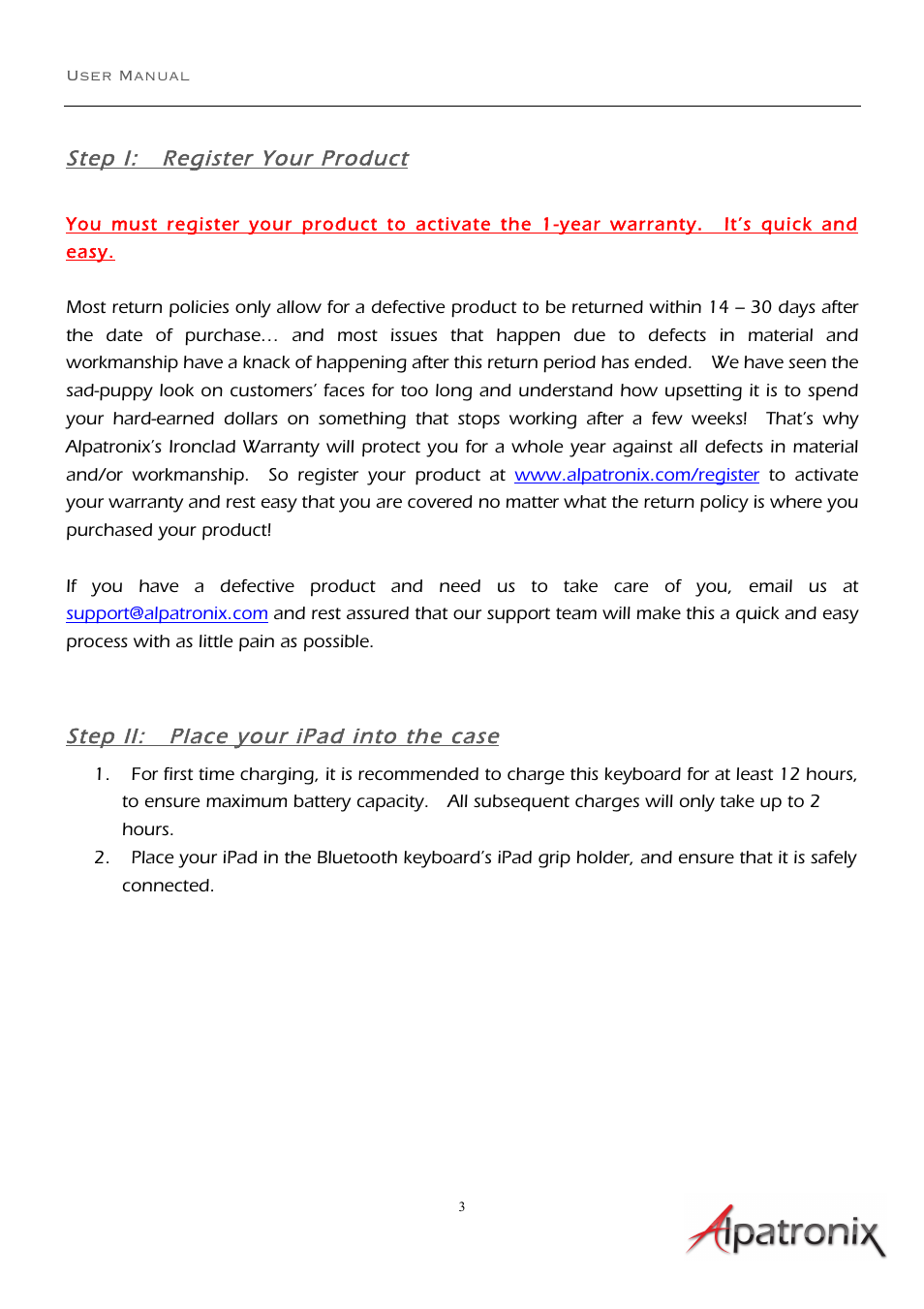 Step i: register your product, Step ii: place your ipad into the case | Alpatronix KX120 Bluetooth ABS Chiclet Keyboard Clamshell Folio Case and Stand User Manual | Page 3 / 7