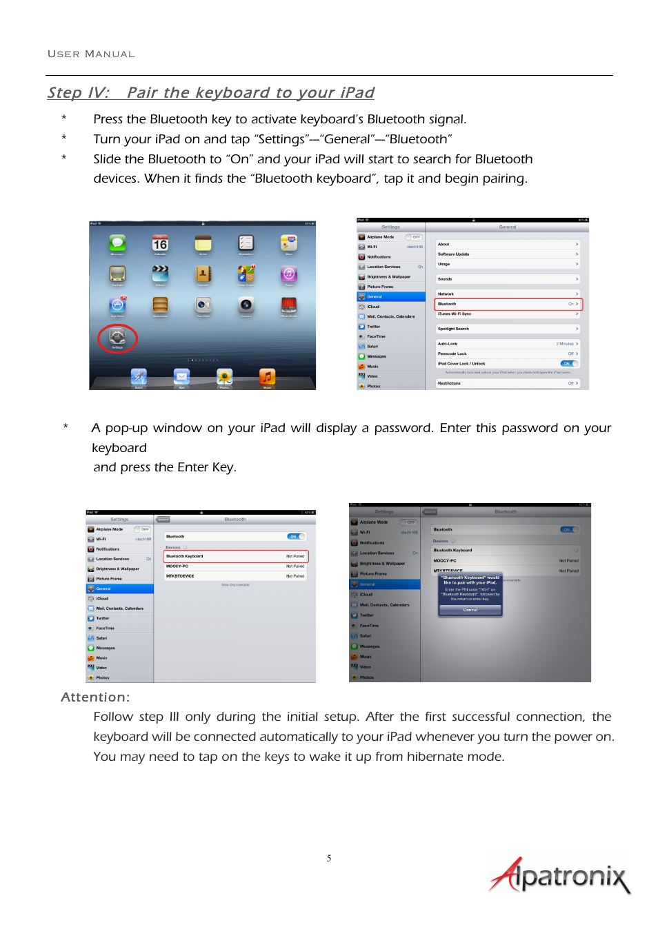Step iv: pair the keyboard to your ipad | Alpatronix KX120 Bluetooth ABS Chiclet Keyboard Clamshell Folio Case and Stand User Manual | Page 5 / 7