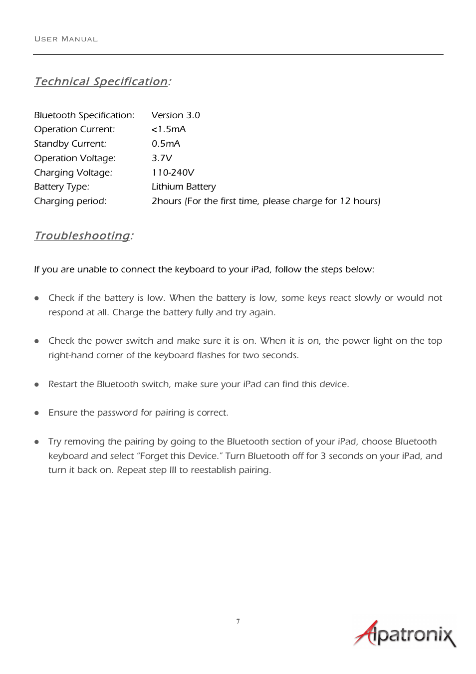 Technical specification, Troubleshooting | Alpatronix KX120 Bluetooth ABS Chiclet Keyboard Clamshell Folio Case and Stand User Manual | Page 7 / 7