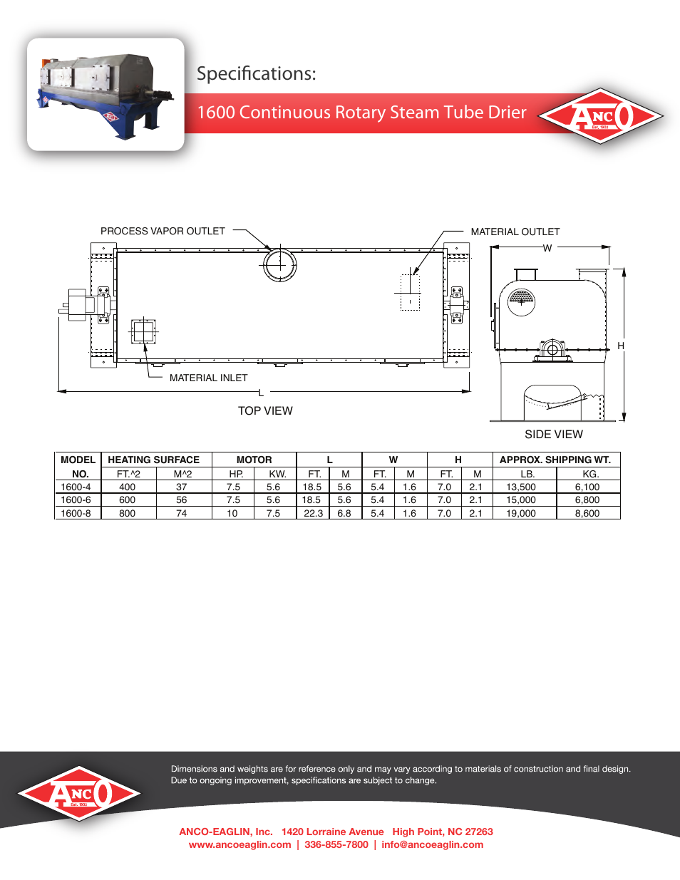 Specifications, 1600 continuous rotary steam tube drier | Anco Eaglin A-E 1600 Steam Tube Dryer User Manual | Page 2 / 2