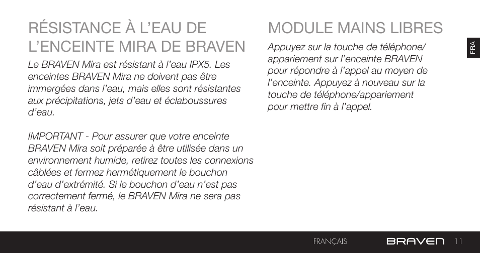 Module mains libres, Résistance à l’eau de l’enceinte mira de braven | BRAVEN MIRA BY BRAVEN User Manual | Page 11 / 56