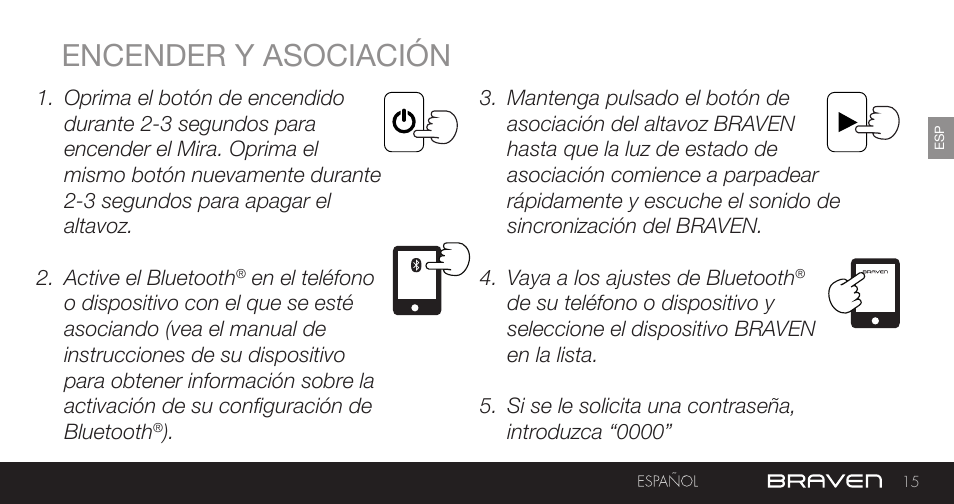 Encender y asociación | BRAVEN MIRA BY BRAVEN User Manual | Page 15 / 56