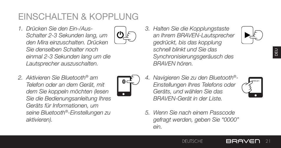 Einschalten & kopplung | BRAVEN MIRA BY BRAVEN User Manual | Page 21 / 56