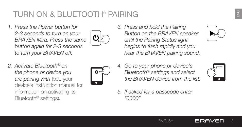 Turn on & bluetooth, Pairing | BRAVEN MIRA BY BRAVEN User Manual | Page 3 / 56