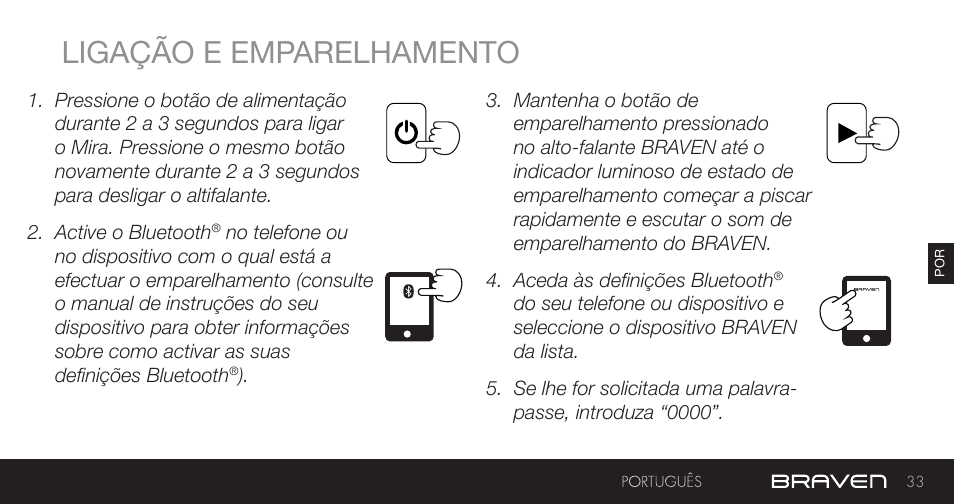 Ligação e emparelhamento | BRAVEN MIRA BY BRAVEN User Manual | Page 33 / 56