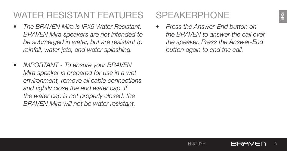 Speakerphone, Water resistant features | BRAVEN MIRA BY BRAVEN User Manual | Page 5 / 56