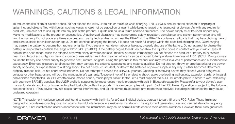 Warnings, cautions & legal information | BRAVEN MIRA BY BRAVEN User Manual | Page 6 / 56