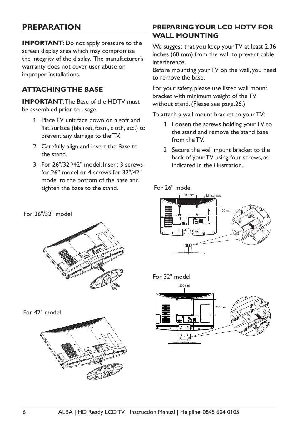 Preparation, Attaching the base, Preparing your lcd hdtv for wall mounting | Alba L26M1 User Manual | Page 8 / 40