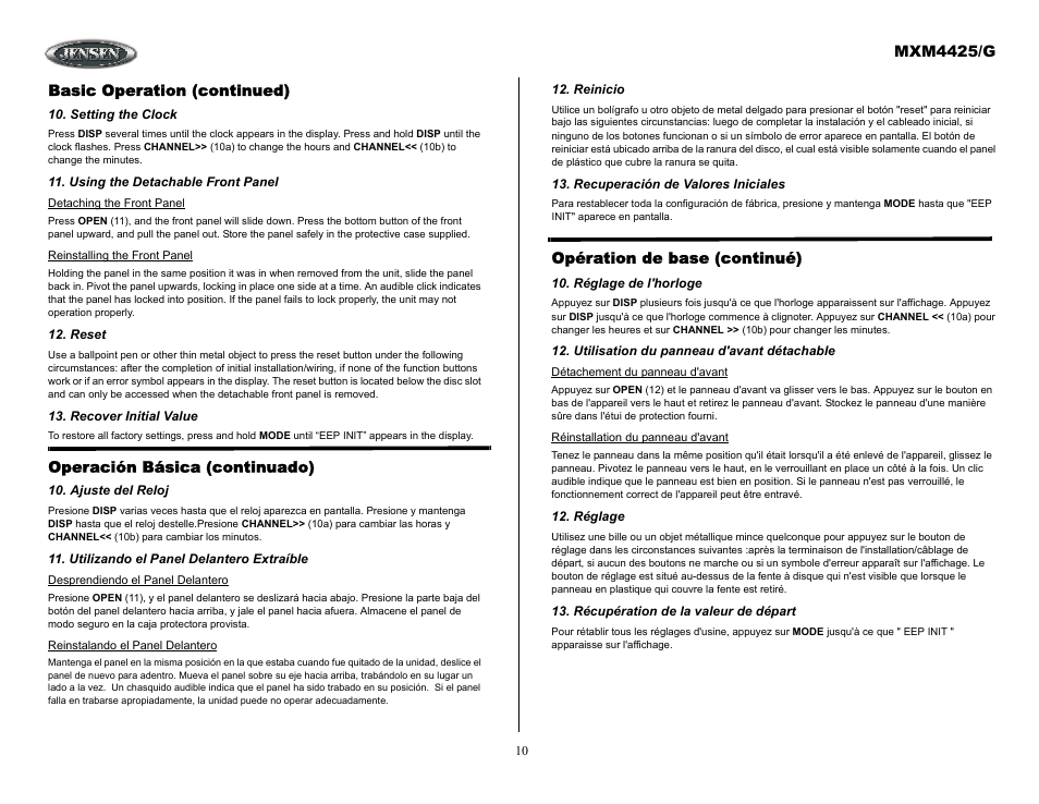 Basic operation (continued), Setting the clock, Using the detachable front panel | Reset, Recover initial value, Operación básica (continuado), Ajuste del reloj, Utilizando el panel delantero extraíble, Reinicio, Recuperación de valores iniciales | ASA Electronics MXM4425/G User Manual | Page 10 / 21