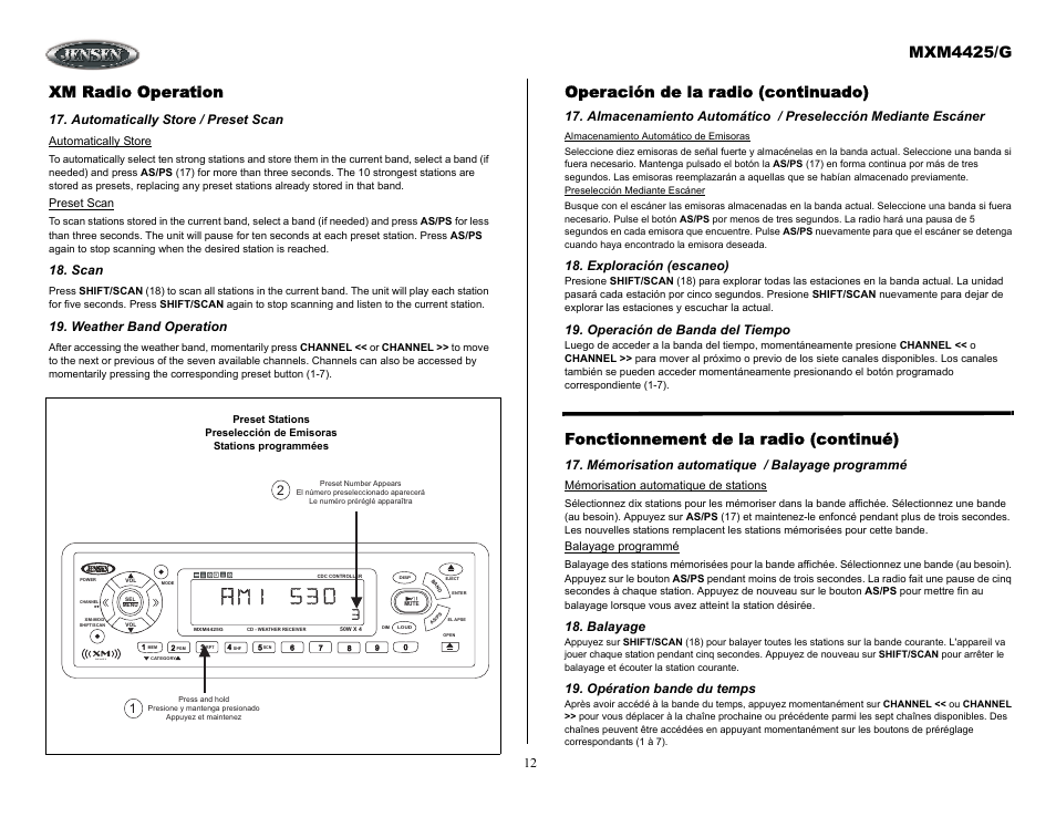 Xm radio operation, Automatically store / preset scan, Scan | Weather band operation, Operación de la radio (continuado), Exploración (escaneo), Mémorisation automatique / balayage programmé, Balayage, Opération bande du temps, Mxm4425/g | ASA Electronics MXM4425/G User Manual | Page 12 / 21