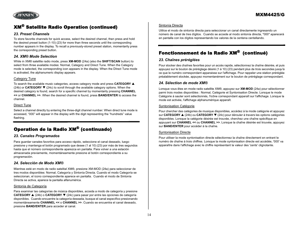 Xm® satellite radio operation (continued), Preset channels, Xm® mode selection | Operation de la radio xm® (continuado), Canales programados, Selección de modo xm, Fonctionnement de la radio xm® (continué), Chaînes préréglées, Sélection de mode xm | ASA Electronics MXM4425/G User Manual | Page 14 / 21