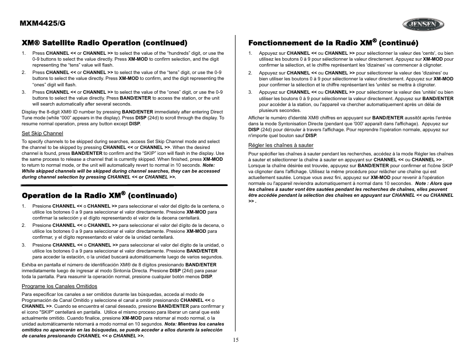 Xm® satellite radio operation (continued), Operation de la radio xm® (continuado), Fonctionnement de la radio xm® (continué) | Mxm4425/g, Operation de la radio xm, Continuado), Fonctionnement de la radio xm, Continué) | ASA Electronics MXM4425/G User Manual | Page 15 / 21