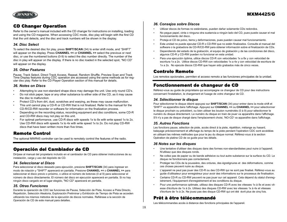 Cd changer operation, Disc select, Other features | Notes on discs, Remote control, Operación del cambiador de cd, Otras funciones, Consejos sobre discos, Controlo remoto, Fonctionnement de changeur de cd | ASA Electronics MXM4425/G User Manual | Page 18 / 21