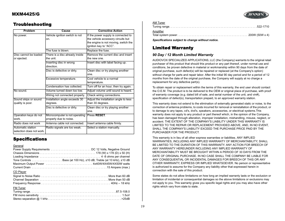 90 day / 12 month limited warranty, Troubleshooting, Mxm4425/g | Troubleshooting specifications, Limited warranty | ASA Electronics MXM4425/G User Manual | Page 19 / 21