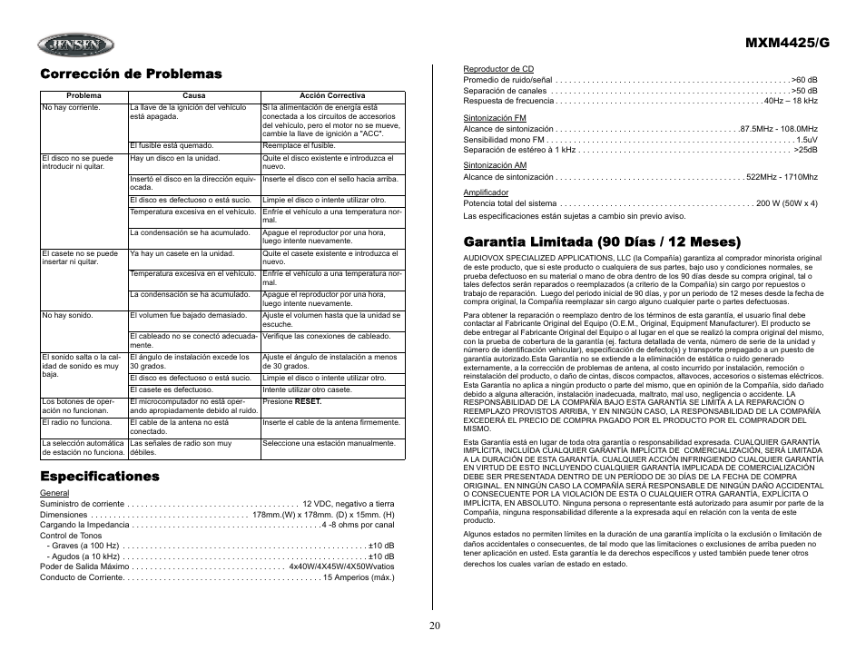 Garantia limitada (90 días / 12 meses), Mxm4425/g, Corrección de problemas especificationes | ASA Electronics MXM4425/G User Manual | Page 20 / 21