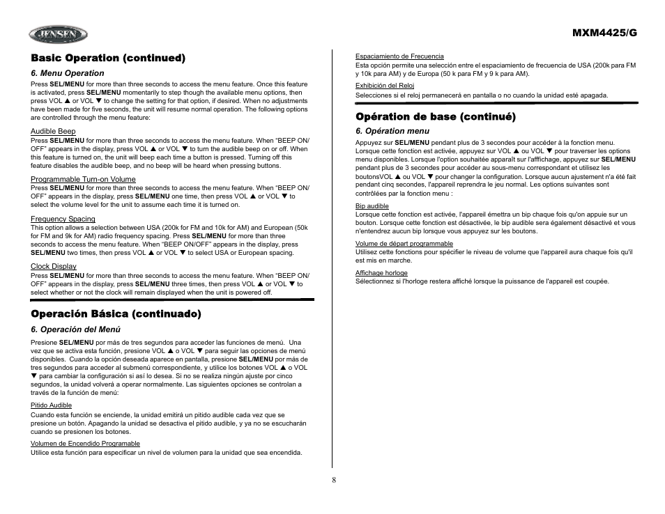 Opération menu, Basic operation (continued), Menu operation | Operación básica (continuado), Operación del menú, Mxm4425/g, Opération de base (continué) | ASA Electronics MXM4425/G User Manual | Page 8 / 21