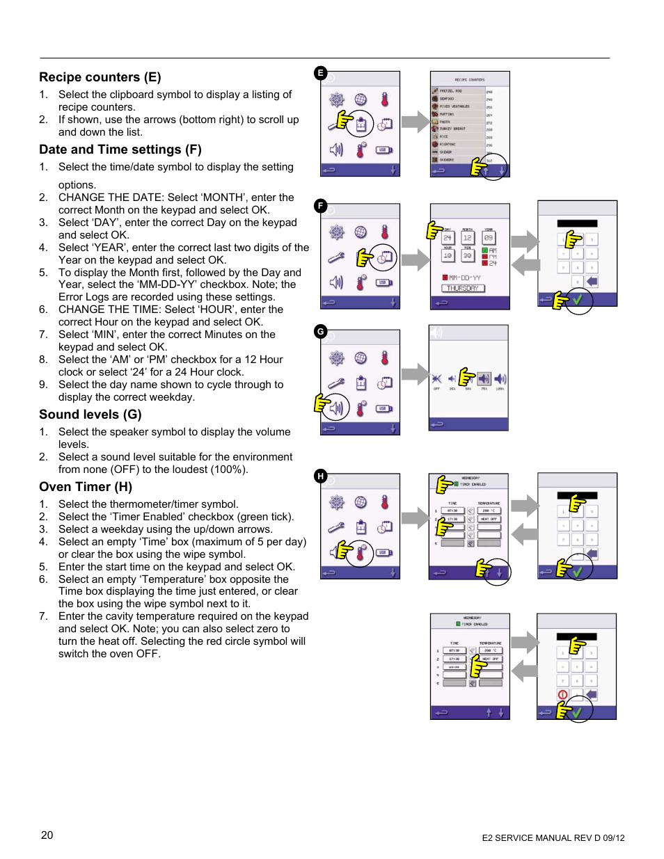 Recipe counters (e), Date and time settings (f), Sound levels (g) | Oven timer (h) | Merrychef eikon e6 User Manual | Page 20 / 64
