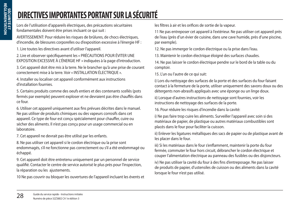 Sécurité et réglementation, Directives importantes portant sur la sécurité | Merrychef eikon e5 User Manual | Page 28 / 97