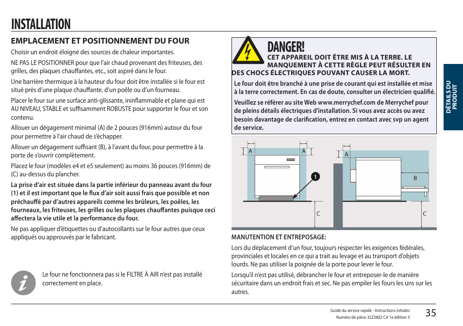 Installation, Emplacement et positionnement du four, Danger | Merrychef eikon e5 User Manual | Page 35 / 97