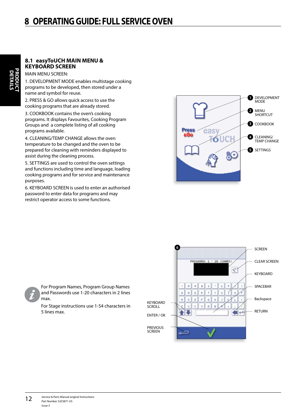 8 operating guide: full service oven, 1 easytouch main menu & keyboard screen | Merrychef eikon e4s User Manual | Page 12 / 59