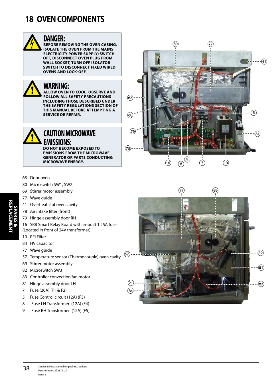 Danger, Warning, Caution microwave emissions | 18 oven components | Merrychef eikon e4s User Manual | Page 38 / 59