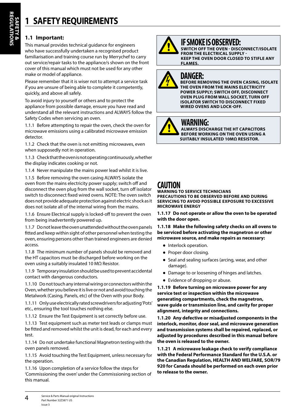 1 safety requirements danger, Warning, If smoke is observed | Caution | Merrychef eikon e4s User Manual | Page 4 / 59
