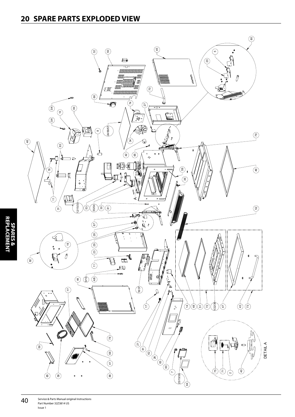 Spare parts exploded view 20, Sp ares & repl a cement | Merrychef eikon e5 User Manual | Page 40 / 56