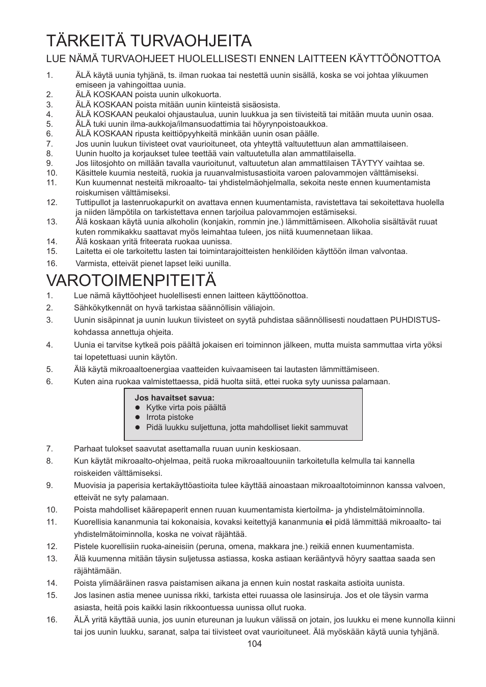 Varotoimenpiteitä, Tärkeitä turvaohjeita | Merrychef 402s User Manual | Page 104 / 142