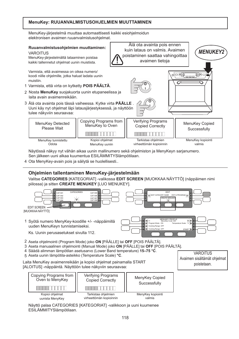 Menukey2, Ohjelmien tallentaminen menukey-järjestelmään | Merrychef 402s User Manual | Page 118 / 142