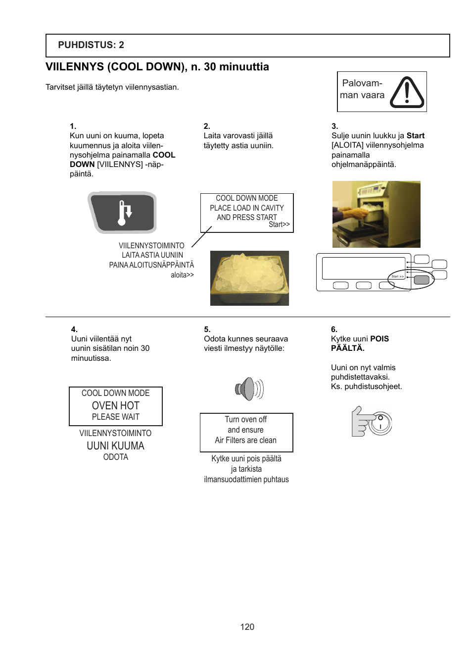 Viilennys (cool down), n. 30 minuuttia, Oven hot, Uuni kuuma | Merrychef 402s User Manual | Page 120 / 142