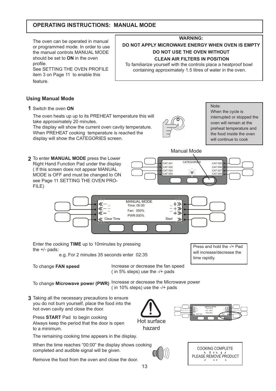 Operating instructions: manual mode, Hot surface hazard | Merrychef 402s User Manual | Page 13 / 142