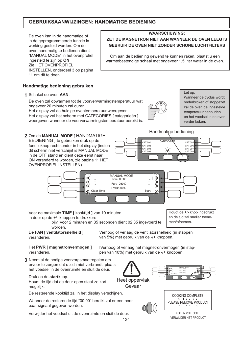 Gebruiksaanwijzingen: handmatige bediening, Heet oppervlak gevaar | Merrychef 402s User Manual | Page 134 / 142