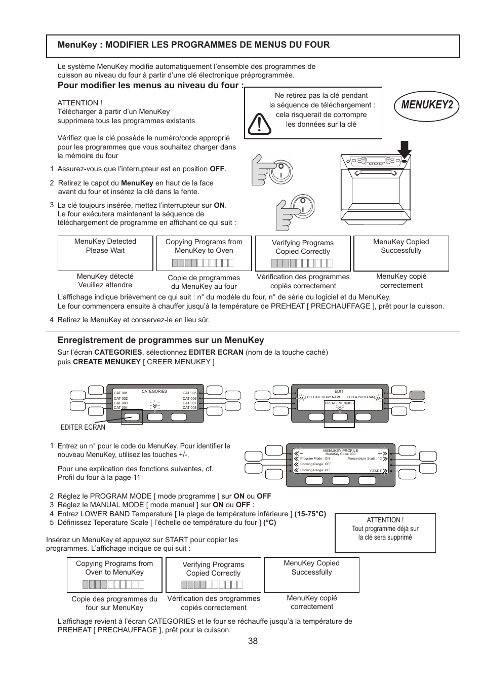 Menukey2, Pour modifier les menus au niveau du four, Enregistrement de programmes sur un menukey | Merrychef 402s User Manual | Page 38 / 142