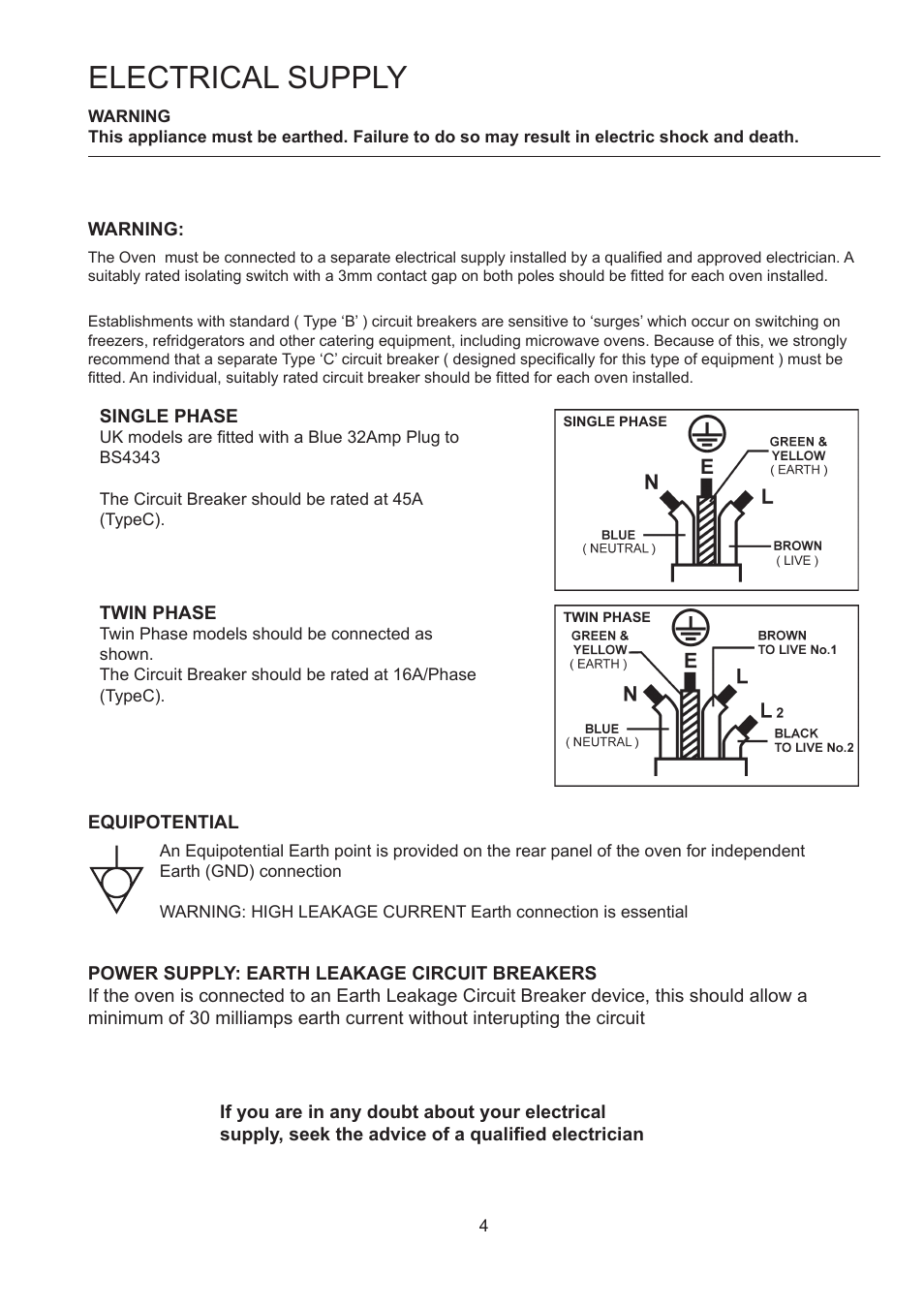 Electrical supply | Merrychef 402s User Manual | Page 4 / 142