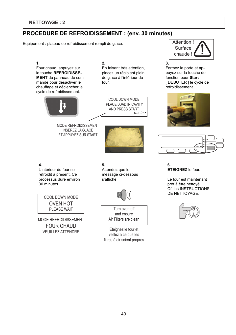 Procedure de refroidissement : (env. 30 minutes), Four chaud, Oven hot | Merrychef 402s User Manual | Page 40 / 142
