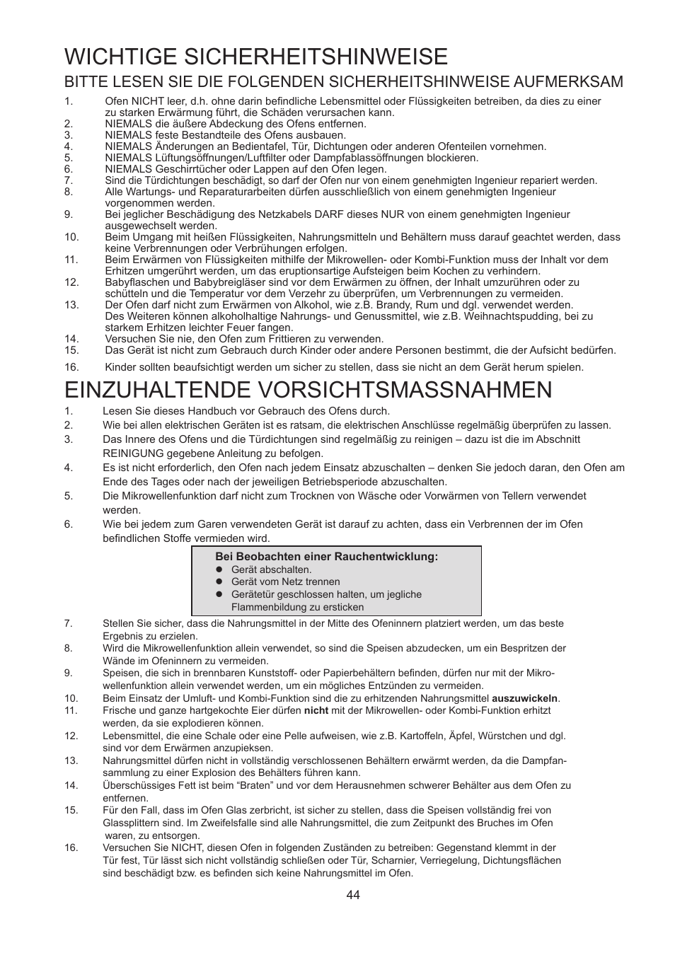 Einzuhaltende vorsichtsmassnahmen, Wichtige sicherheitshinweise | Merrychef 402s User Manual | Page 44 / 142