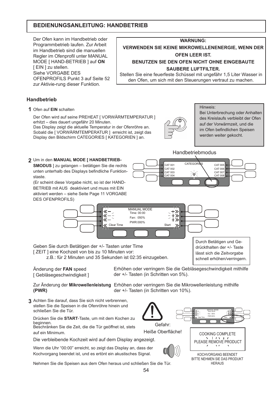 Bedienungsanleitung: handbetrieb | Merrychef 402s User Manual | Page 54 / 142