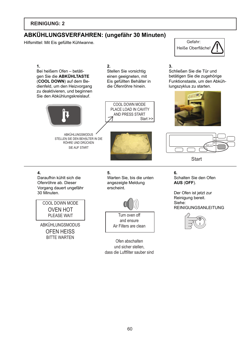 Abkühlungsverfahren: (ungefähr 30 minuten), Ofen heiss, Oven hot | Merrychef 402s User Manual | Page 60 / 142