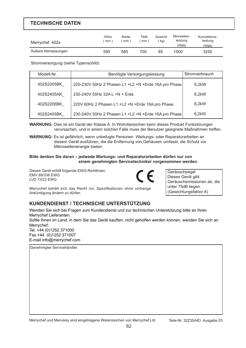 Technische daten, Kundendienst / technische unterstützung | Merrychef 402s User Manual | Page 62 / 142