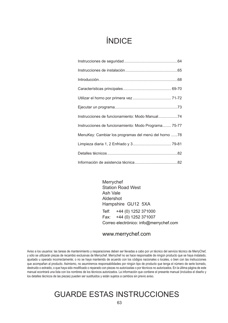 E espanol, Guarde estas instrucciones índice | Merrychef 402s User Manual | Page 63 / 142
