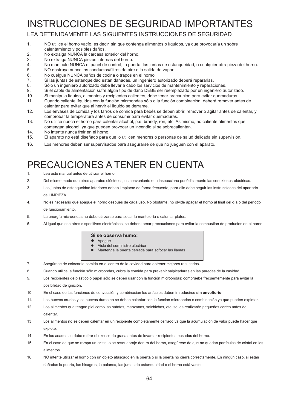 Precauciones a tener en cuenta, Instrucciones de seguridad importantes | Merrychef 402s User Manual | Page 64 / 142