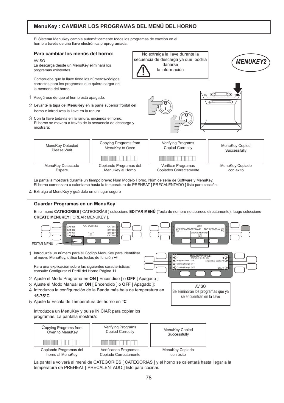 Menukey2, Menukey : cambiar los programas del menú del horno, Para cambiar los menús del horno | 4guardar programas en un menukey | Merrychef 402s User Manual | Page 78 / 142