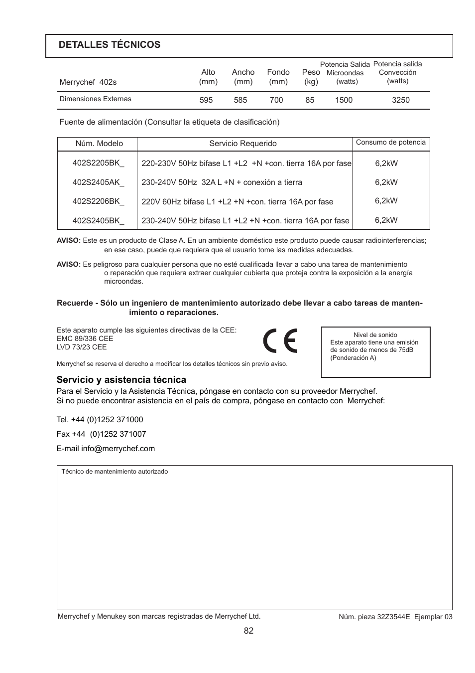 Servicio y asistencia técnica, Detalles técnicos | Merrychef 402s User Manual | Page 82 / 142