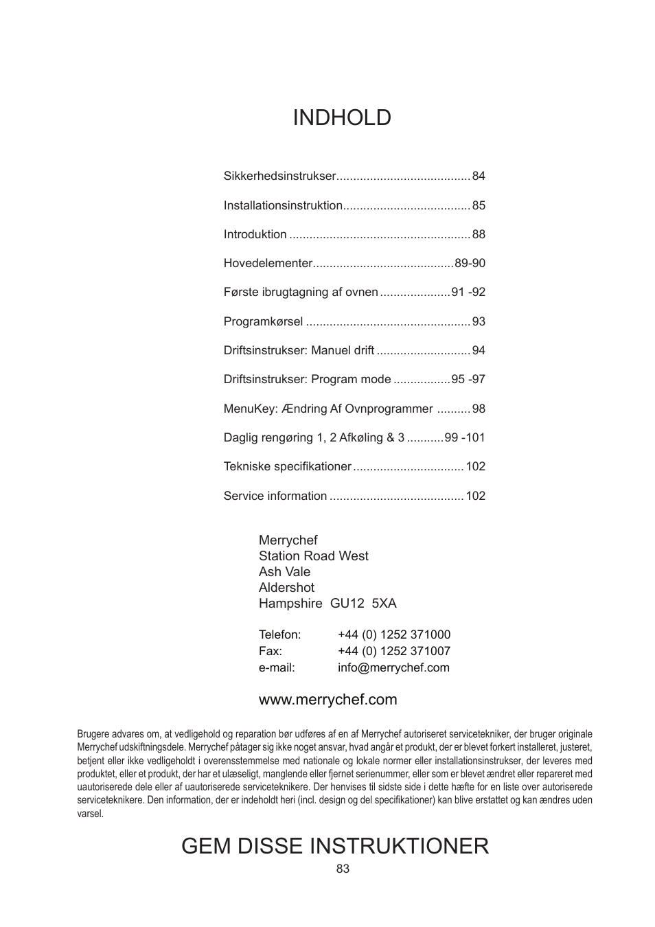 Dk dansk, Gem disse instruktioner indhold | Merrychef 402s User Manual | Page 83 / 142