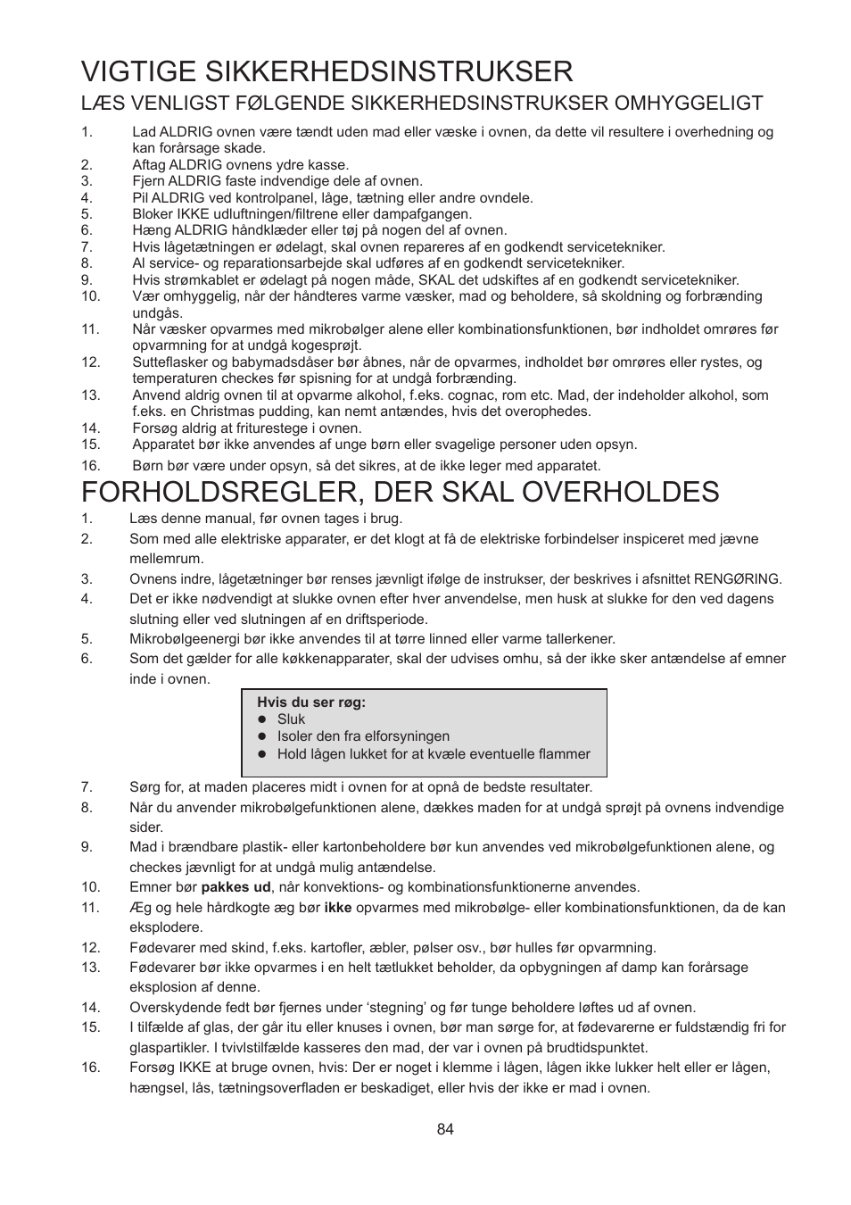 Forholdsregler, der skal overholdes, Vigtige sikkerhedsinstrukser | Merrychef 402s User Manual | Page 84 / 142