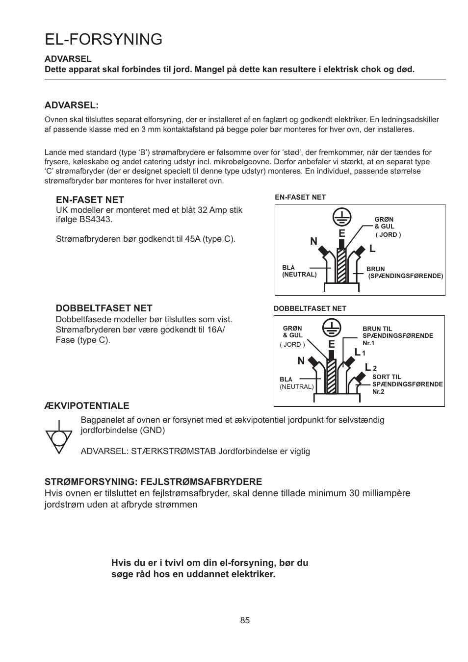 El-forsyning, Ne l, En-faset net | Ækvipotentiale | Merrychef 402s User Manual | Page 85 / 142