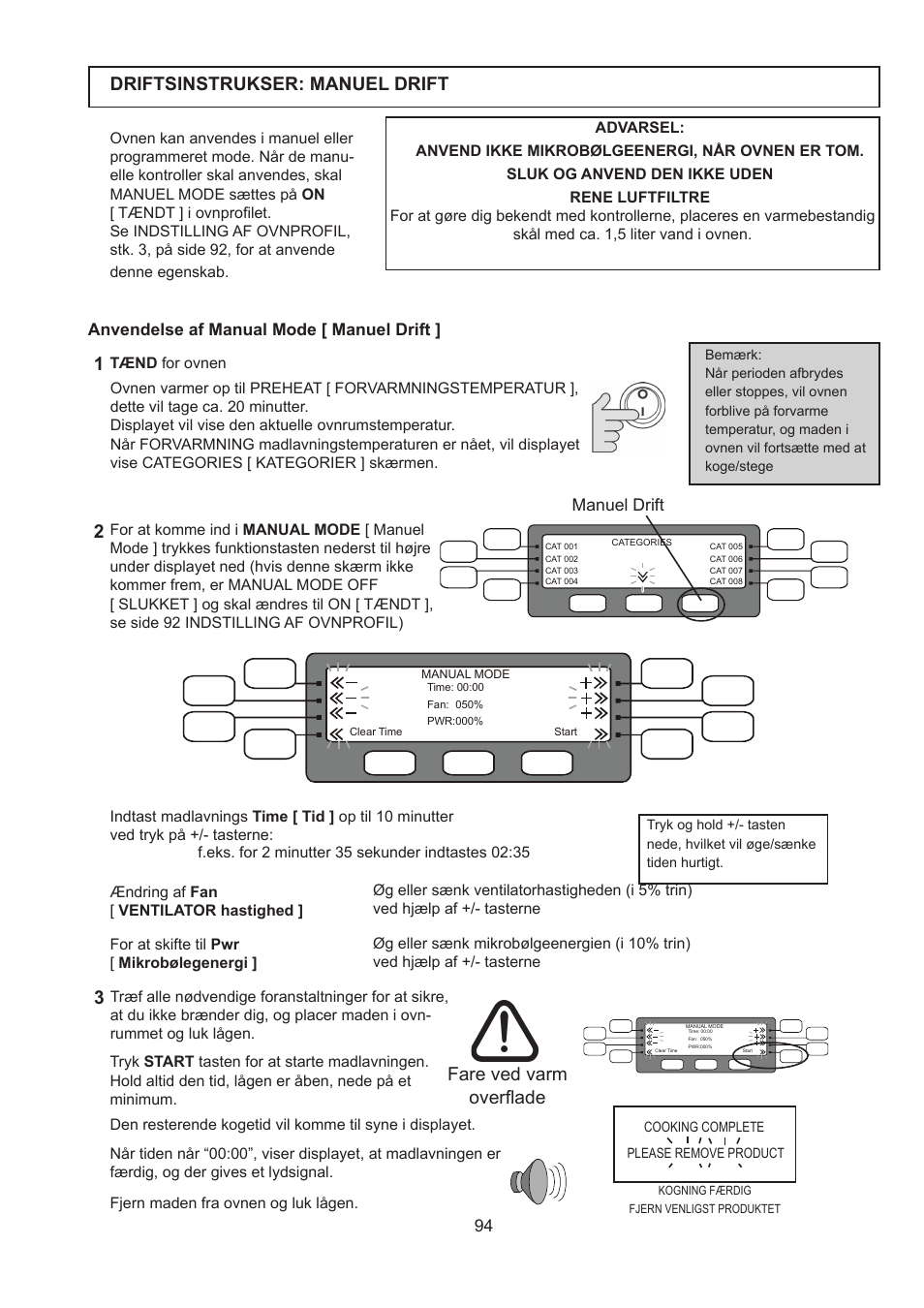 Driftsinstrukser: manuel drift, Fare ved varm overflade | Merrychef 402s User Manual | Page 94 / 142